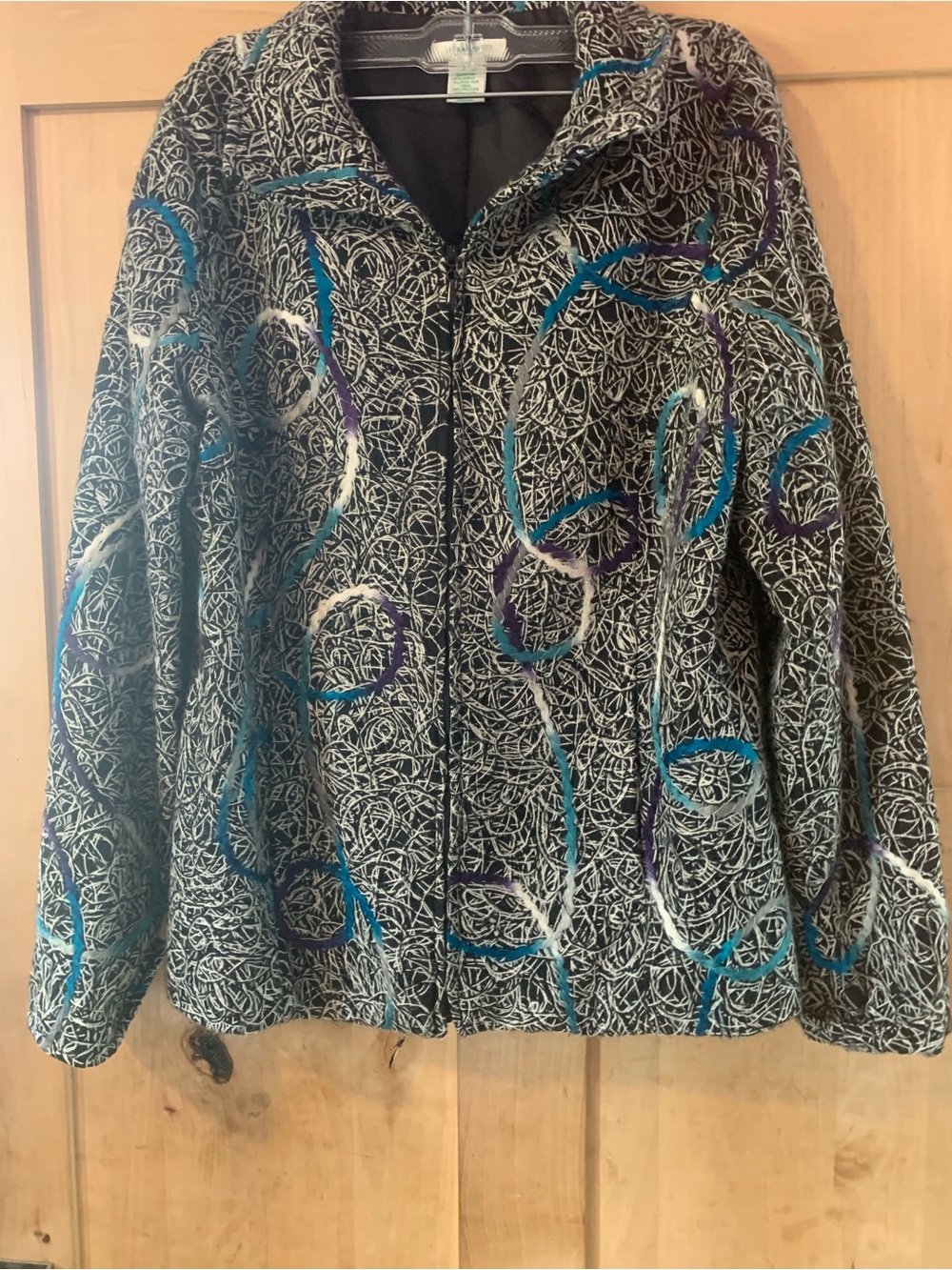 Laura Ashley Black Jacket with Teal, Purple & White Swirl Print